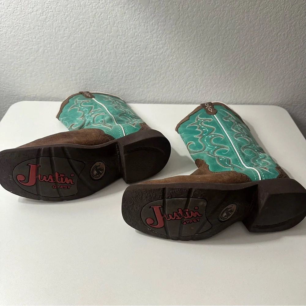 Justin Boots  Brown and Turquoise Western Cowboy Boots